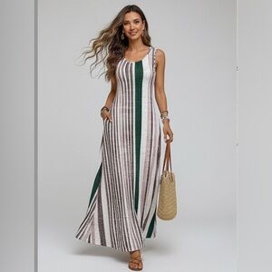 Boho Striped Round Neck Sleeveless Dress With Pockets